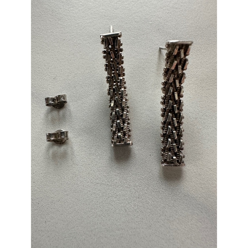 Sterling Silver Woven Mesh Chain Chevron Stud Earrings Textured Beaded Drop 6g